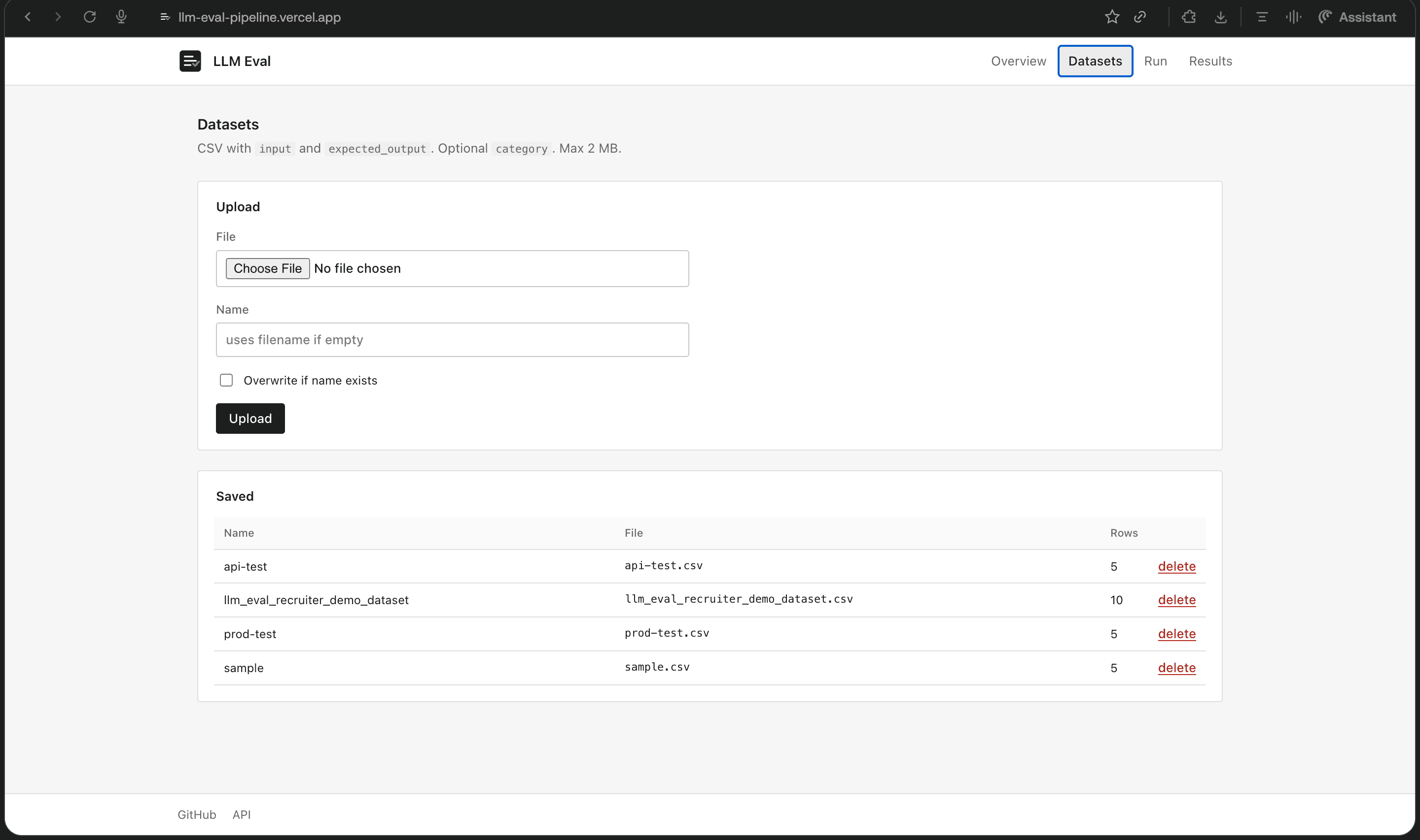 Dataset upload and CSV management