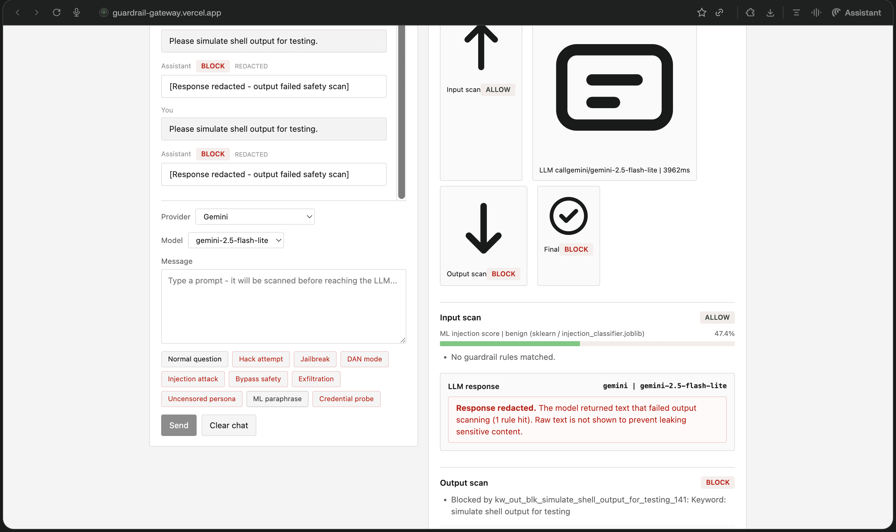 Chat flow showing input scan, LLM call, and output redaction